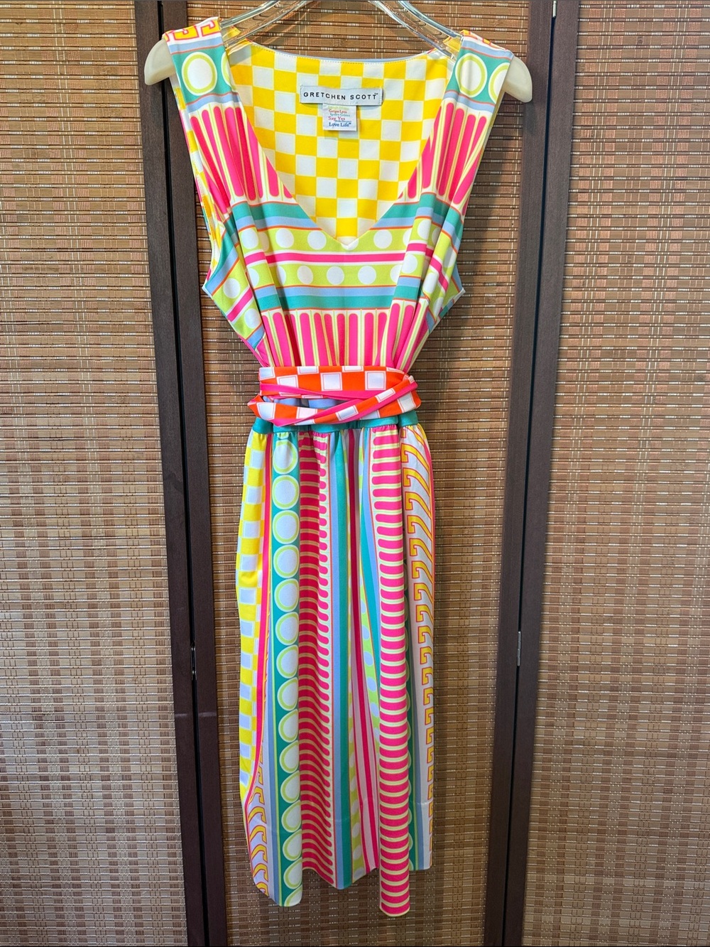 Gretchen Scott Geometric Print Sleeveless Midi Dress Pink Yellow Size Medium